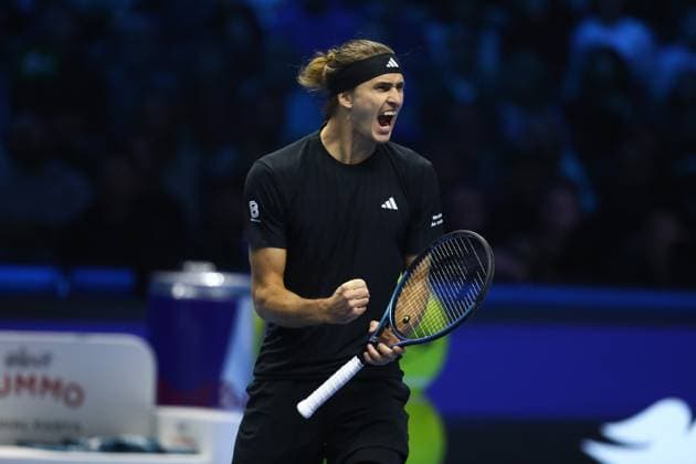 November 9, 2025, Turin, Piedmont, Italy: ALEXANDER ZVEREV of Germany reacts to defeating BEN SHELTON of United States in the Men s Singles round robin game of the ATP, Tennis Herren Tennis Finals in Turin, Italy Turin Italy - ZUMAc179 20251109_zep_c179_231 Copyright: xMickaelxChavetx