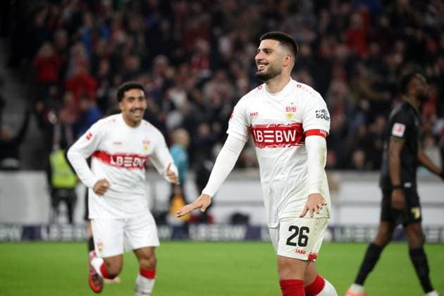 09 11 25 VfB Stuttgart FC Augsburg Germany, Stuttgart, 09 11 2025, Football, Bundesliga, Season 2025 2026, VfB Stuttgart FC Augsburg Deniz Undav VfB Stuttgart Jubel Tor 3 2 Undav