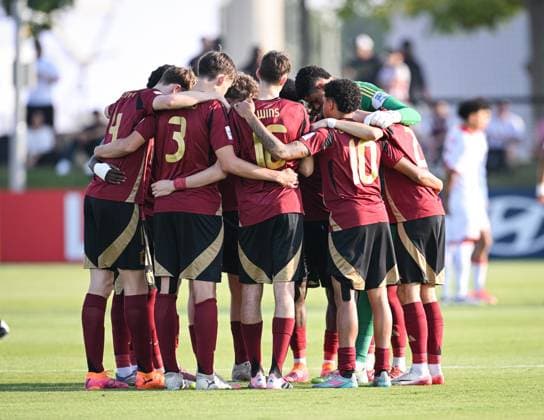 Football, Juniors U 17 World Cup 2025 Preliminary round 09 11 2025 Group D Belgium Tunisia Team circle Belgium before the match