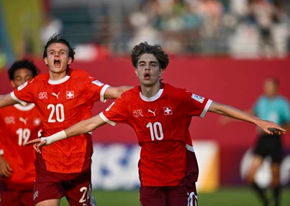 Switzerland v Mexico: Group F - FIFA U-17 World Cup Qatar 2025 Mijajlovic Mladen of Switzerland celebrate after scoring a goal FIFA U-17 World Cup Qatar 2025 Group F match between Switzerland and Mexico in Doha, Qatar, on November 10, 2025. DOHA Qatar Copyright: xNOUSHADxTHEKKAYILx