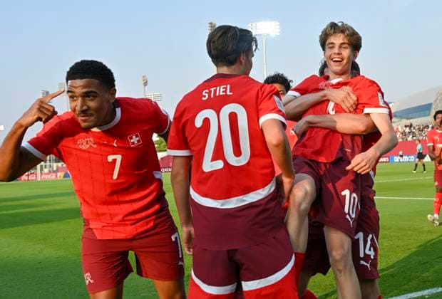 Switzerland v Mexico: Group F - FIFA U-17 World Cup Qatar 2025 Mijajlovic Mladen (R) of Switzerland celebrate after scoring a goal FIFA U-17 World Cup Qatar 2025 Group F match between Switzerland and Mexico in Doha, Qatar, on November 10, 2025. DOHA Qatar Copyright: xNOUSHADxTHEKKAYILx