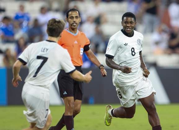 El Salvador v Germany Group G- FIFA U-17 World Cup Qatar 2025 Jeremiah Mensah of Germany celebrates after scoring a goal during the FIFA U-17 World Cup Qatar 2025 Group G match between El Salvador and Germany in Doha, Qatar, on November 10, 2025. DOHA Qatar Copyright: xNOUSHADxTHEKKAYILx