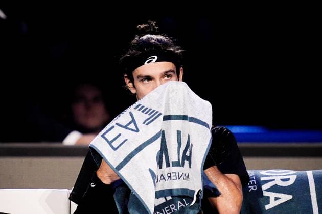 Italy s Lorenzo Musetti react during the singles tennis match of the ATP, Tennis Herren World Tour Finals against United StatesÕ Taylor Fritz at the Inalpi Arena in Turin, Italy - Sunday, Nov. 10, 2025. - .  Copyright: xMarcoxAlpozzi LaPressex