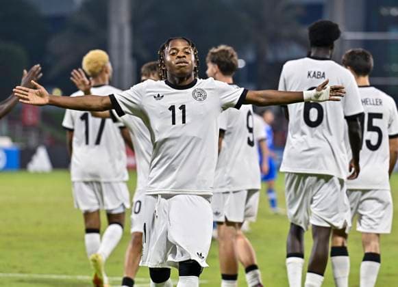 El Salvador v Germany Group G- FIFA U-17 World Cup Qatar 2025 Wisdom Mike of Germany celebrates after scoring a goal during the FIFA U-17 World Cup Qatar 2025 Group G match between El Salvador and Germany in Doha, Qatar, on November 10, 2025. DOHA Qatar Copyright: xNOUSHADxTHEKKAYILx
