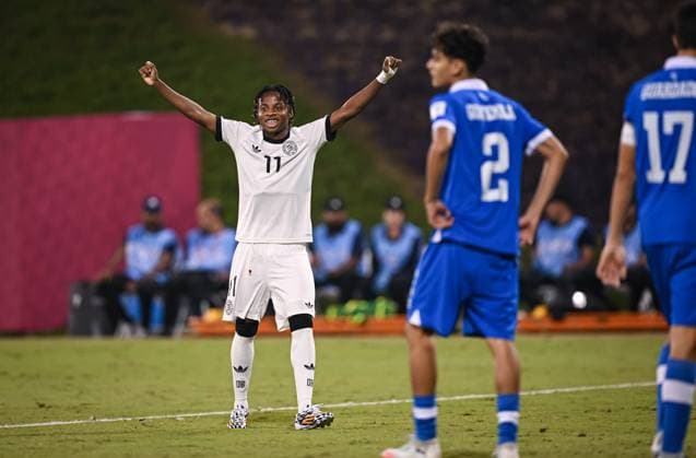 Football, Junior U 17 World Cup 2025 in Doha Qatar Preliminary round 10 11 2025 Group G El Salvador Germany JUBEL Germany Goalscorer to 3 0 Wisdom Mike