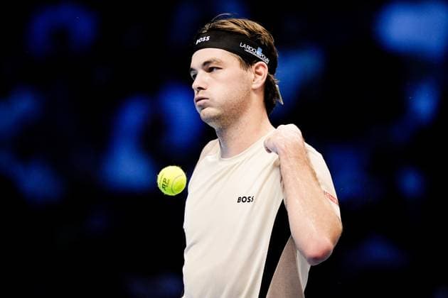 United StatesÕ Taylor Fritz react during the singles tennis match of the ATP, Tennis Herren World Tour Finals against Italy s Lorenzo Musetti at the Inalpi Arena in Turin, Italy - Sunday, Nov. 10, 2025. - .  Copyright: xMarcoxAlpozzi LaPressex