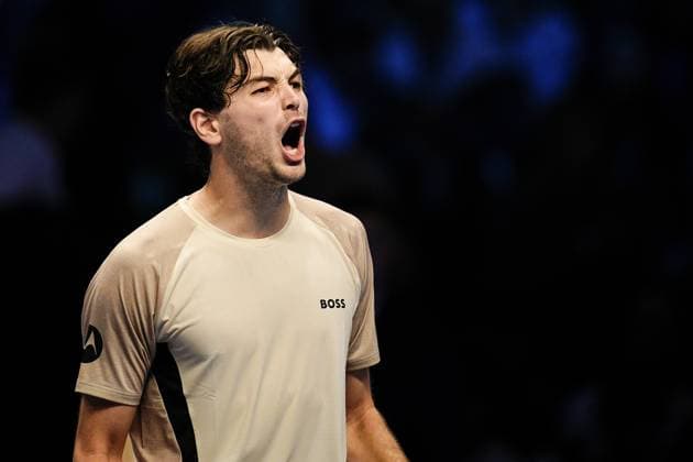 United StatesÕ Taylor Fritz react celebrates after winning the singles tennis match of the ATP, Tennis Herren World Tour Finals against Italy s Lorenzo Musetti at the Inalpi Arena in Turin, Italy - Sunday, Nov. 10, 2025. - .  Copyright: xMarcoxAlpozzi LaPressex