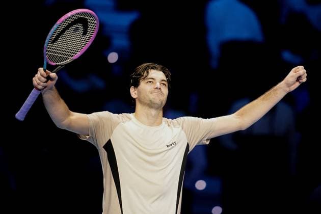 United StatesÕ Taylor Fritz react celebrates after winning the singles tennis match of the ATP, Tennis Herren World Tour Finals against Italy s Lorenzo Musetti at the Inalpi Arena in Turin, Italy - Sunday, Nov. 10, 2025. - .  Copyright: xMarcoxAlpozzi LaPressex