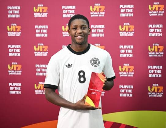 Football, Junior U 17 World Cup 2025 in Doha Qatar Preliminary round 10 11 2025 Group G El Salvador Germany Man of the Match Jeremiah Dennit Mensah Germany Bayer 04 Leverkusen
