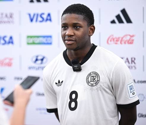 Football, Junior U 17 World Cup 2025 in Doha Qatar Preliminary round 10 11 2025 Group G El Salvador Germany Man of the Match Jeremiah Dennit Mensah Germany Bayer 04 Leverkusen interviewed in the mixed zone