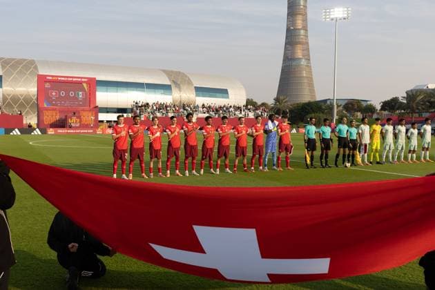 Football FIFA U17, U 17 World Cup Qatar 2025 Switzerland vs Mexico Group F Match 59 Sandro Wyss Switzerland, 19 Marco Correia Switzerland, 16 Mladen Mijajlovic Switzerland, 10 Nico Lazri Switzerland, 8 Jill Stiel Switzerland, 20 Giacomo Koloto Switzerland, 7 Olivier Mambwa Switzerland, 3 Gil Zufferey Switzerland, 5 Theodore Pizarro Switzerland, 1 Nevio Scherrer Switzerland, 11 Erblin Sadikaj Switzerland, 14 Copyright: xRedhaxHosnixSegganix