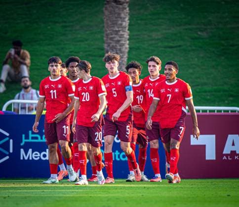 Football FIFA U17, U 17 World Cup Qatar 2025 Switzerland vs Mexico Group F Match 59 Sandro Wyss Switzerland, 19 Marco Correia Switzerland, 16 Mladen Mijajlovic Switzerland, 10 Nico Lazri Switzerland, 8 Jill Stiel Switzerland, 20 Giacomo Koloto Switzerland, 7 Olivier Mambwa Switzerland, 3 Gil Zufferey Switzerland, 5 Theodore Pizarro Switzerland, 1 Nevio Scherrer Switzerland, 11 Erblin Sadikaj Switzerland, 14 Copyright: xRedhaxHosnixSegganix