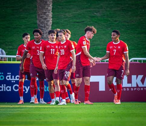 Football FIFA U17, U 17 World Cup Qatar 2025 Switzerland vs Mexico Group F Match 59 Sandro Wyss Switzerland, 19 Marco Correia Switzerland, 16 Mladen Mijajlovic Switzerland, 10 Nico Lazri Switzerland, 8 Jill Stiel Switzerland, 20 Giacomo Koloto Switzerland, 7 Olivier Mambwa Switzerland, 3 Gil Zufferey Switzerland, 5 Theodore Pizarro Switzerland, 1 Nevio Scherrer Switzerland, 11 Erblin Sadikaj Switzerland, 14 Copyright: xRedhaxHosnixSegganix