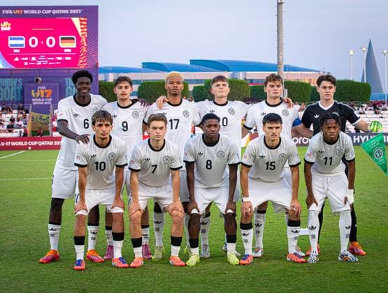 Football FIFA U17, U 17 World Cup Qatar 2025 El Salvador vs Germany Group G Match 61 Starting line-up Germany with Mussa Kaba Germany, 6 Ebu Bekir Is Germany, 10 Alexander Staff Germany, 9 Benjamin Ley Germany, 7 Maik Afri Akumu Germany, 17 Jeremiah Mensah Germany, 8 Ben Kieffer Germany, 20 Niklas Scheller Germany, 15 Benno Kaltefleiter Germany, 16 Wisdom Mike Germany, 11 Marcello Trippel Germany, 1 Copyright: xRedhaxHosnixSegganix