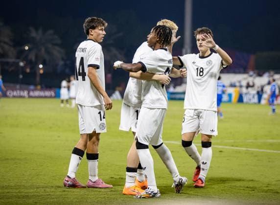 Soccer FIFA U17, U 17 World Cup Qatar 2025 El Salvador vs Germany Group G Match 61 Toni Langsteiner Germany, 14 Wisdom Mike Germany, 11 Christian Prenaj Germany, 18 Copyright: xRedhaxHosnixSegganix