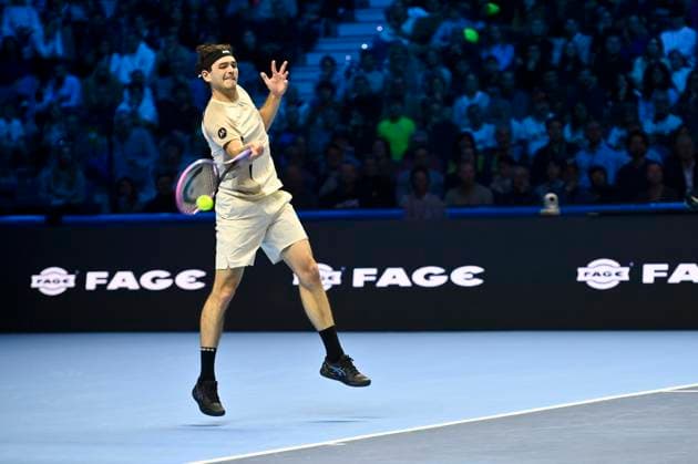 10th November 2025; Palasport Olimpico Arena, Turin, Italy; Nitto ATP, Tennis Herren Finals Tennis 2025; Taylor Fritz of the United States plays a backhand against Lorenzo Musetti of Italy  BestxImages