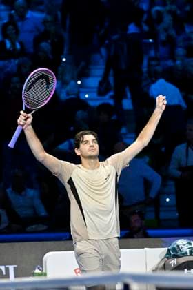 10th November 2025; Palasport Olimpico Arena, Turin, Italy; Nitto ATP, Tennis Herren Finals Tennis 2025; Taylor Fritz of the United States plays a backhand against Lorenzo Musetti of Italy  BestxImages