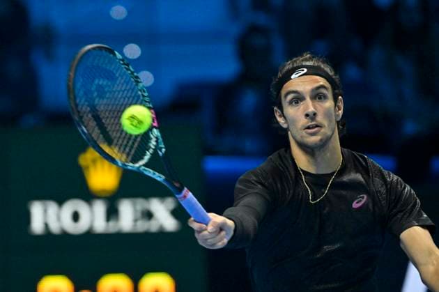 10th November 2025; Palasport Olimpico Arena, Turin, Italy; Nitto ATP, Tennis Herren Finals Tennis 2025; Lorenzo Musetti of Italy plays a backhand against Taylor Fritz of the United States  BestxImages