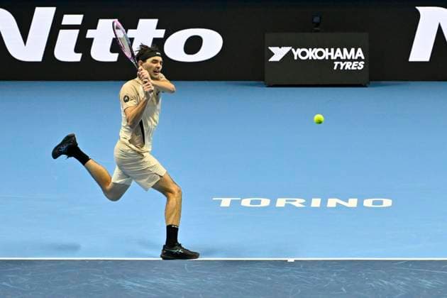 10th November 2025; Palasport Olimpico Arena, Turin, Italy; Nitto ATP, Tennis Herren Finals Tennis 2025; Taylor Fritz of the United States plays a backhand against Lorenzo Musetti of Italy  BestxImages