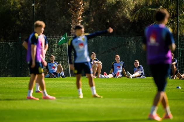251111 Gustav Lundgren, Gabriel Gudmundsson, Hugo Larsson and Emil Holm of the Swedish national football team during a training session on November 11, 2025 in Marbella Photo Joel Marklund BILDBYRAN kod JM JM0746 bbeng fotboll football soccer fotball vm kval fifa world cup qualifier träning practice training sverige sweden sverige a  Copyright: JOELxMARKLUND BB251111JM055