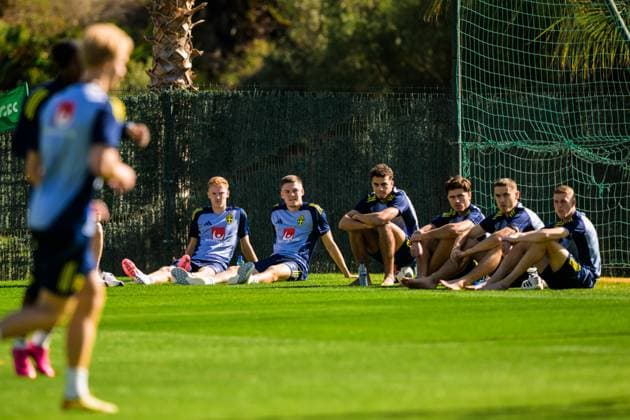 251111 Hugo Larsson, Emil Holm, Yasin Ayari, Besfort Zeneli, Gustaf Lagerbielke and Alexander Bernhardsson of the Swedish national football team during a training session on November 11, 2025 in Marbella Photo Joel Marklund BILDBYRAN kod JM JM0746 bbeng fotboll football soccer fotball vm kval fifa world cup qualifier träning practice training sverige sweden sverige a  Copyright: JOELxMARKLUND BB251111JM057