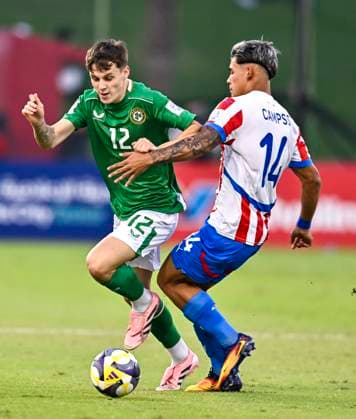 Republic of Ireland v Paraguay: Group J - FIFA U-17 World Cup Qatar 2025 Ryan Butler of Republic of Ireland and Jhosias Campss of Paraguay in action during the FIFA U-17 World Cup Qatar 2025 Group J match between Republic of Ireland v Paraguay in Doha, Qatar, on November 11, 2025. DOHA Qatar Copyright: xNOUSHADxTHEKKAYILx