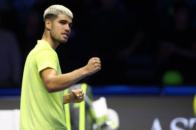 Carlos Alcaraz vs Taylor Fritz Carlos Alcaraz of Spain celebrates at the end of the Round Robin singles match between Carlos Alcaraz of Spain and Taylor Fritz of Usa on Day three of the Nitto ATP, Tennis Herren World Tour Finals. Torino Inalpi Arena Italy Copyright: xMarcoxCanonierox