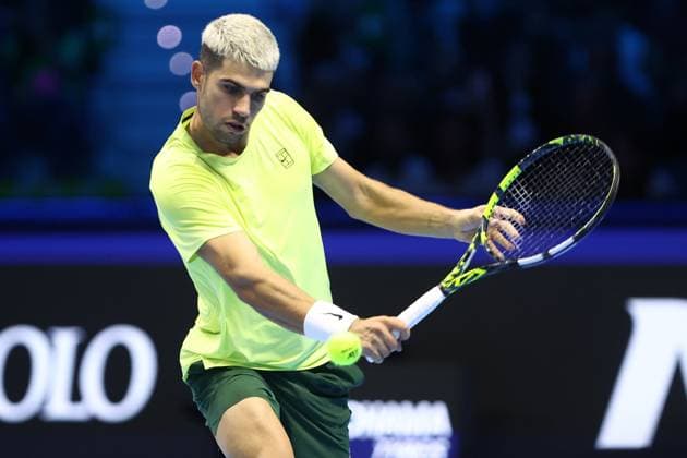 Carlos Alcaraz (Spain) controls the ball, day 3, Nitto ATP, Tennis Herren Finals 2025, INALPI Arena, November 11, 2025, Turin, Italy.