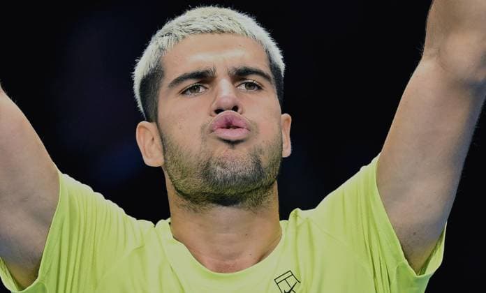 November 11, 2025, Turin, Italy: Carlos Alcaraz of Spain celebrates the victory at the end of the men s singles Round Robin match against Taylor Fritz of USA at the ATP, Tennis Herren Finals in Turin, Italy, 11 November 2025. ANSA ATP Finals Tennis Tournament  - ZUMAa110 20251111_zaf_a110_019 Copyright: xAlessandroxDixMarcox