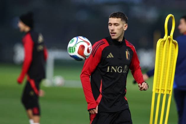 Belgium s Lucas Stassin pictured during a training session of the Belgian national soccer team Red Devils U21, U 21 ahead of their EURO Qualifying, EM, Europameisterschaft match against Austria, at the Royal Belgian Football Association s training center, in Tubize, Tuesday 11 November 2025. BRUNOxFAHY  x140914489x