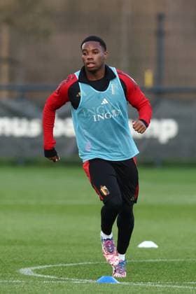 Belgium s Stanis Idumbo pictured during a training session of the Belgian national soccer team Red Devils U21, U 21 ahead of their EURO Qualifying, EM, Europameisterschaft match against Austria, at the Royal Belgian Football Association s training center, in Tubize, Tuesday 11 November 2025. BRUNOxFAHY  x140914910x