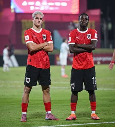 Football, Junior U 17 World Cup 2025 Doha Qatar Preliminary round 11 11 2025 Group L New Zealand Austria CHEERS Austria Goalscorers to 0 1 Nicolas Jozepovic left and Kenny Nzogang right