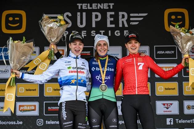 Dutch Inge van der Heijden, Dutch Lucinda Brand and Dutch Aniek Van Alphen celebrate on the podium after the women s elite race at the Jaarmarktcross cyclocross cycling event in Niel, race 3 8 of the Superprestige competition, on Tuesday 11 November 2025. DAVIDxPINTENS  x140919636x