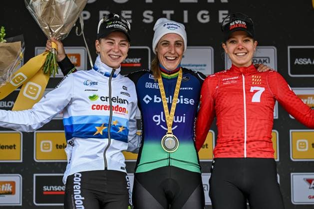 Dutch Inge van der Heijden, Dutch Lucinda Brand and Dutch Aniek Van Alphen pictured on the podium after the women s elite race at the Jaarmarktcross cyclocross cycling event in Niel, race 3 8 of the Superprestige competition, on Tuesday 11 November 2025. DAVIDxPINTENS  x140919751x