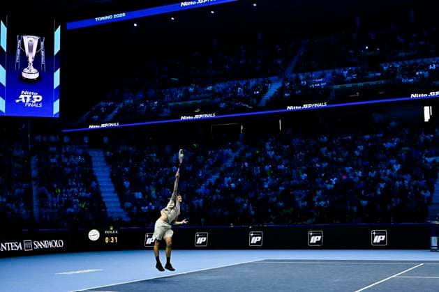 November 11, 2025: Carlos Alcaraz of Spain plays a backhand against Taylor Fritz of the United States during their Men s Single s Nitto ATP, Tennis Herren match during day three of the Nitto ATP Finals at Inalpi Arena on November 11, 2025 in Turin, Italy. - ZUMAg210 20251111_abp_g210_059 Copyright: xStefanoxGuidix