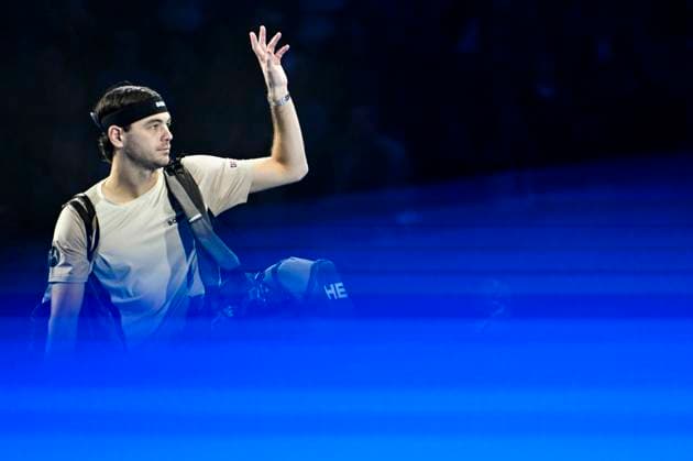 November 11, 2025: Carlos Alcaraz of Spain plays a backhand against Taylor Fritz of the United States during their Men s Single s Nitto ATP, Tennis Herren match during day three of the Nitto ATP Finals at Inalpi Arena on November 11, 2025 in Turin, Italy. - ZUMAg210 20251111_abp_g210_086 Copyright: xStefanoxGuidix