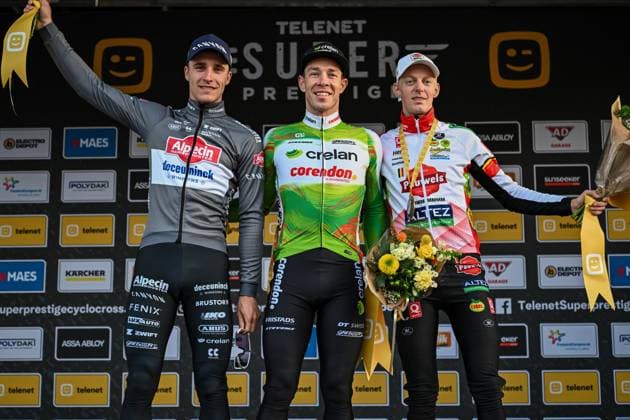 L-R, second Belgian Niels Vandeputte, winner Belgian Laurens Sweeck and third Belgian Michael Vanthourenhout celebrate on the podium of the men s elite race at the Jaarmarktcross cyclocross cycling event in Niel, race 3 8 of the Superprestige competition, on Tuesday 11 November 2025. DAVIDxPINTENS  x140921905x