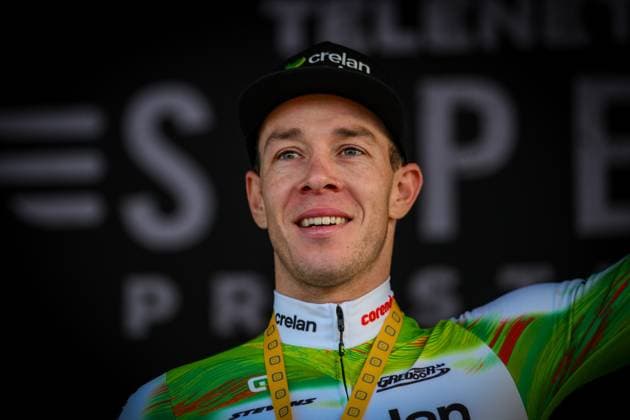 Belgian Laurens Sweeck pictured on the podium after the men s elite race at the Jaarmarktcross cyclocross cycling event in Niel, race 3 8 of the Superprestige competition, on Tuesday 11 November 2025. DAVIDxPINTENS  x140921981x