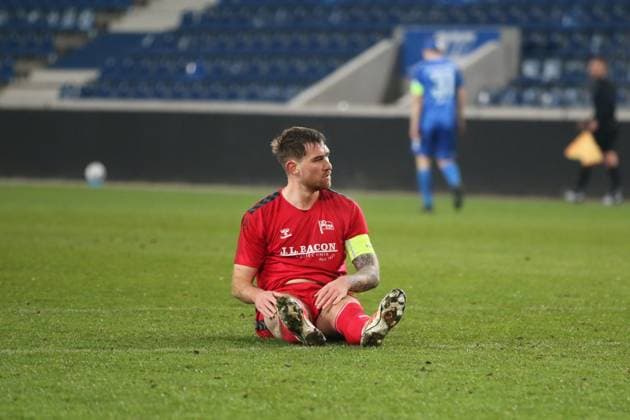 11 11 2025 Football Men 2025 2026 Regionalliga Nordost 15 Matchday 1 FC Magdeburg II U23 FC Hertha 03 Zehlendorf Avnet Arena Magdeburg Zehlendorfs team captain Jake Robert Wilton on the ground Magdeburg Saxony Anhalt Germany