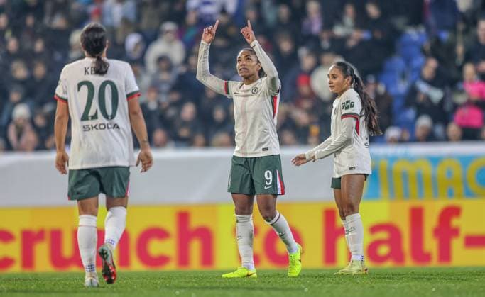AUT, München, SKN St Pölten vs Chelsea London, Women s Champions League, UEFA, Saison 2526, NV Arena, 3 Spieltag im Bild goal and celebration, Tor und Jubel, Freude, Catarina Macario Chelsea London 9 DFB DFL REGULATIONS PROHIBIT ANY USE OF PHOTOGRAPHS AS IMAGE SEQUENCES AND OR QUASI VIDEO, 11 11 2025, Copyright: HMBxMedia HendrikxHamelau
