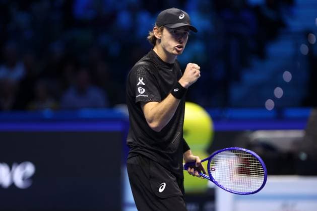 Lorenzo Musetti vs Alex De Minaur Alex De Minaur of Australia celebrates during the Round Robin singles match between Lorenzo Musetti of Italy and Alex De Minaur of Australia on Day three of the Nitto ATP, Tennis Herren World Tour Finals. Turin Inalpi Arena Italy Copyright: xMarcoxCanonierox
