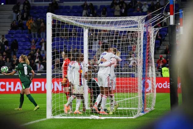 Lyon, France 11 November 2025 Champions League Women 2025 2026 OL Lyonnes vs VfL Wolfsburg In the picture scorer Ada Hegerberg OL , right in the picture, scores the goal for OL Lyonnes and cheers with Wendie Renard OL Groupama Stadium Copyright: xFotostandx xFantinix