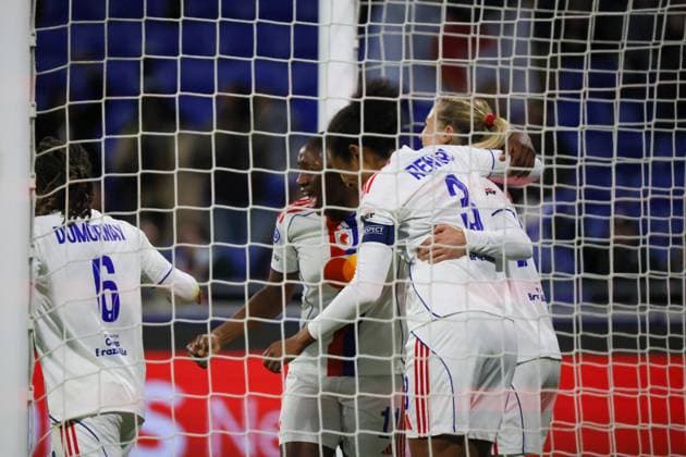 Lyon, France 11 November 2025 Champions League Women 2025 2026 OL Lyonnes vs VfL Wolfsburg In the picture scorer Ada Hegerberg OL scores the 1-0 goal for OL Lyonnes and cheers with Kadidiatou Diani OL and Wendie Renard OL Groupama Stadium Copyright: xFotostandx xFantinix