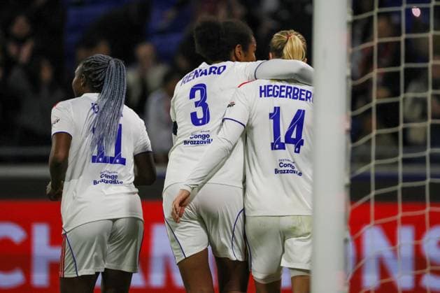 Lyon, France 11 November 2025 Champions League Women 2025 2026 OL Lyonnes vs VfL Wolfsburg In the picture scorer Ada Hegerberg OL scores the 1-0 goal for OL Lyonnes and cheers with Wendie Renard OL Groupama Stadium Copyright: xFotostandx xFantinix