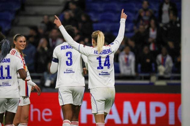 Lyon, France 11 November 2025 Champions League Women 2025 2026 OL Lyonnes vs VfL Wolfsburg In the picture scorer Ada Hegerberg OL , right in the picture, scores the goal to make it 1 0 for OL Lyonnes and cheers Groupama Stadium Copyright: xFotostandx xFantinix