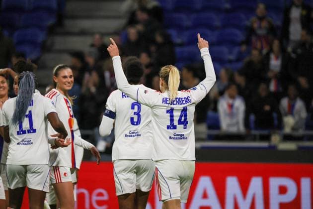 Lyon, France 11 November 2025 Champions League Women 2025 2026 OL Lyonnes vs VfL Wolfsburg In the picture scorer Ada Hegerberg OL , right in the picture, scores the goal to make it 1 0 for OL Lyonnes and cheers Groupama Stadium Copyright: xFotostandx xFantinix