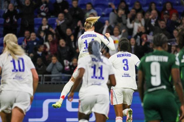 Lyon, France 11 November 2025 Champions League Women 2025 2026 OL Lyonnes vs VfL Wolfsburg In the picture from left scorer Ada Hegerberg OL scores the goal to make it 2-0 for OL Lyonnes and cheers with Wendie Renard OL Groupama Stadium Copyright: xFotostandx xFantinix