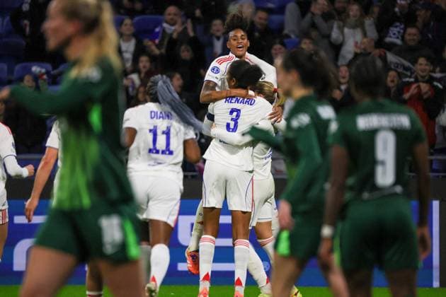 Lyon, France 11 November 2025 Champions League Women 2025 2026 OL Lyonnes vs VfL Wolfsburg In the picture scorer Ada Hegerberg OL , hidden in the picture, scores the 2-0 goal for OL Lyonnes and cheers with Tarciane OL and Wendie Renard OL Groupama Stadium Copyright: xFotostandx xFantinix