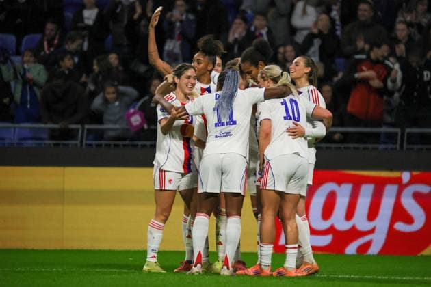 Lyon, France 11 November 2025 Champions League Women 2025 2026 OL Lyonnes vs VfL Wolfsburg In the picture scorer Ada Hegerberg OL , hidden in the picture, scores the 2-0 goal for OL Lyonnes and cheers with her teammates Groupama Stadium Copyright: xFotostandx xFantinix