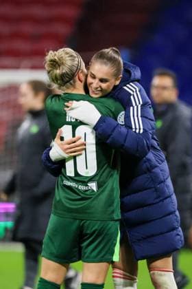 Lyon, France 11 November 2025 Champions League Women 2025 2026 OL Lyonnes vs VfL Wolfsburg In the picture from left Svenja Huth VfL and Julie Brand OL hug each other after the Champions League match in Lyon Groupama Stadium Copyright: xFotostandx xFantinix